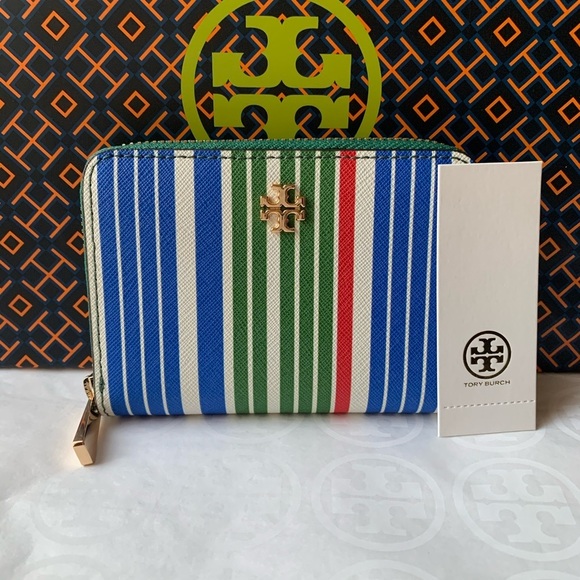 Tory Burch Emerson Zip Coin Case Wallet Sunrise Stripe Gold Green - Picture 1 of 3